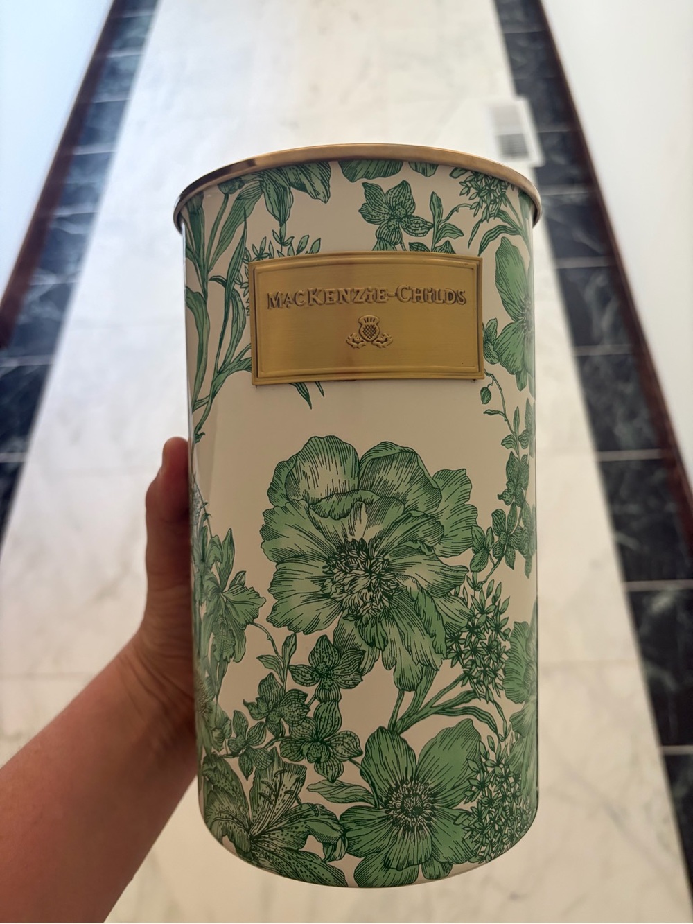 MacKenzie-Childs Green Floral Decorative Canister with Gold Plaque